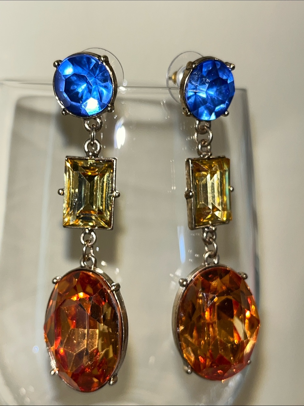 Blue, Yellow & Orange Crystal Drop Earrings - Elegant Trio Stones